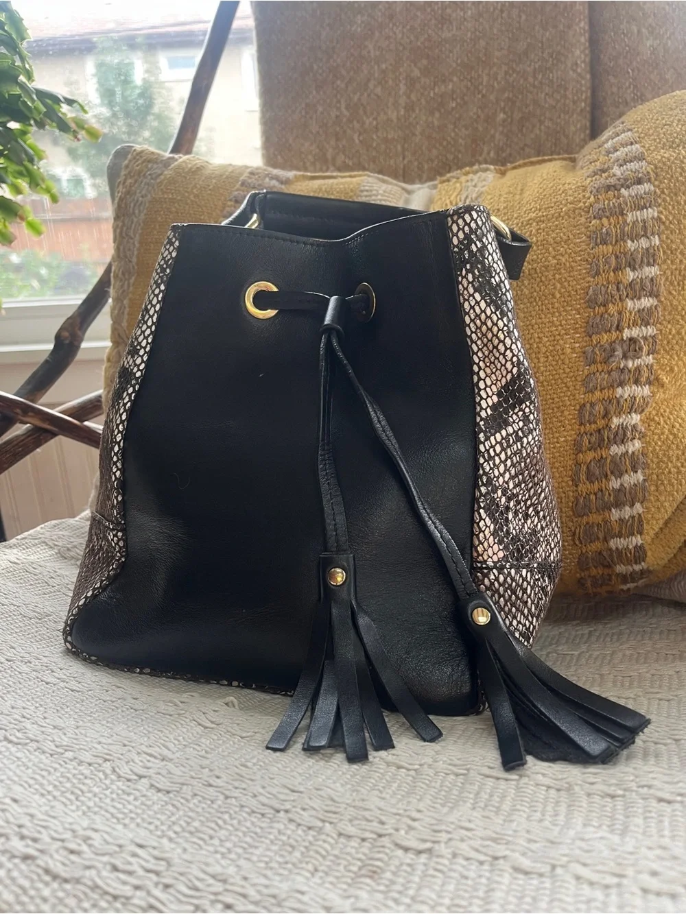 Black Italian Leather Drawstring Satchel with Snake-Print Panels